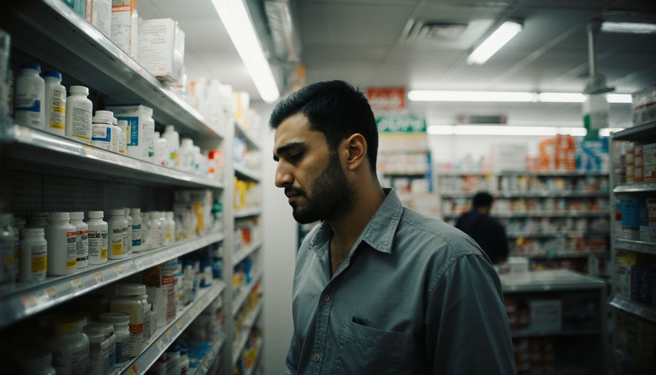 A tired man looks for medicine in a late-night pharmacy. A tired man looks for medicine in a late-night pharmacy.