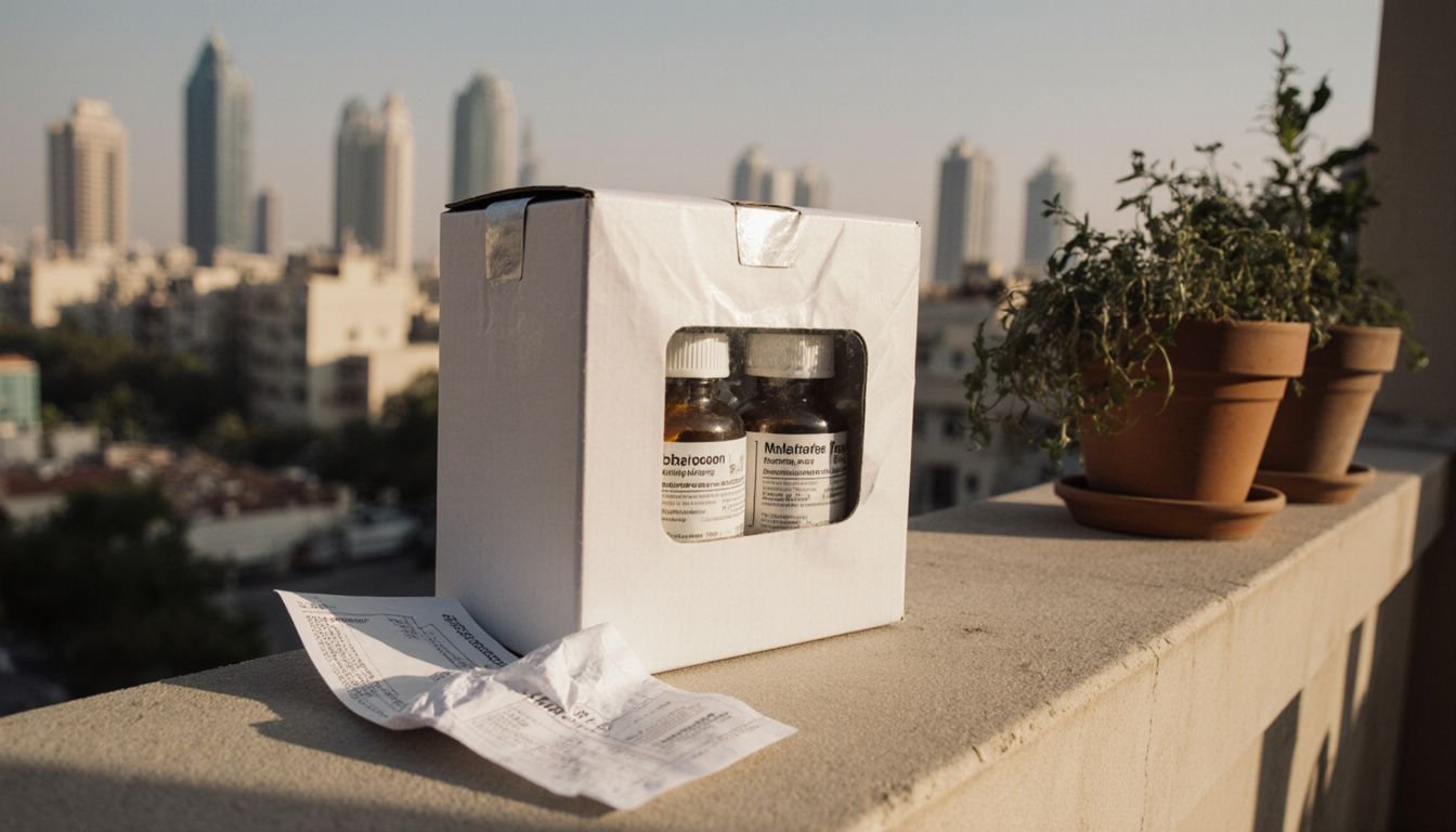 Delivery pharmacy box on a balcony railing with skyline backdrop. Delivery pharmacy box on a balcony railing with skyline backdrop.