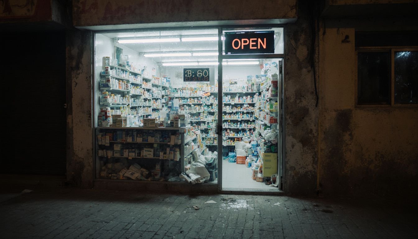 Late-night pharmacy in Abu Dhabi with messy shelves and glowing sign. Late-night pharmacy in Abu Dhabi with messy shelves and glowing sign.