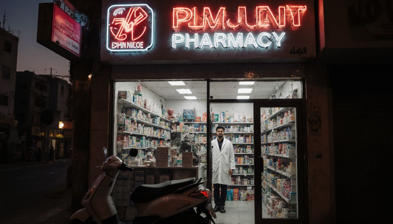 A 24-hour pharmacy in Dubai with a delivery scooter outside. A 24-hour pharmacy in Dubai with a delivery scooter outside.