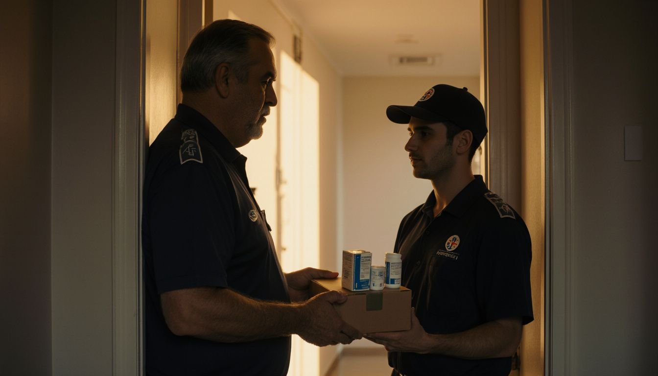 A man receives a medicine delivery at his Dubai apartment doorway. A man receives a medicine delivery at his Dubai apartment doorway.