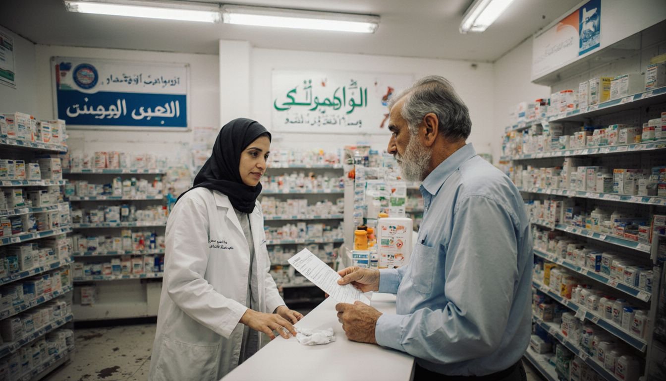 A man consults a pharmacist about his prescription in a pharmacy.