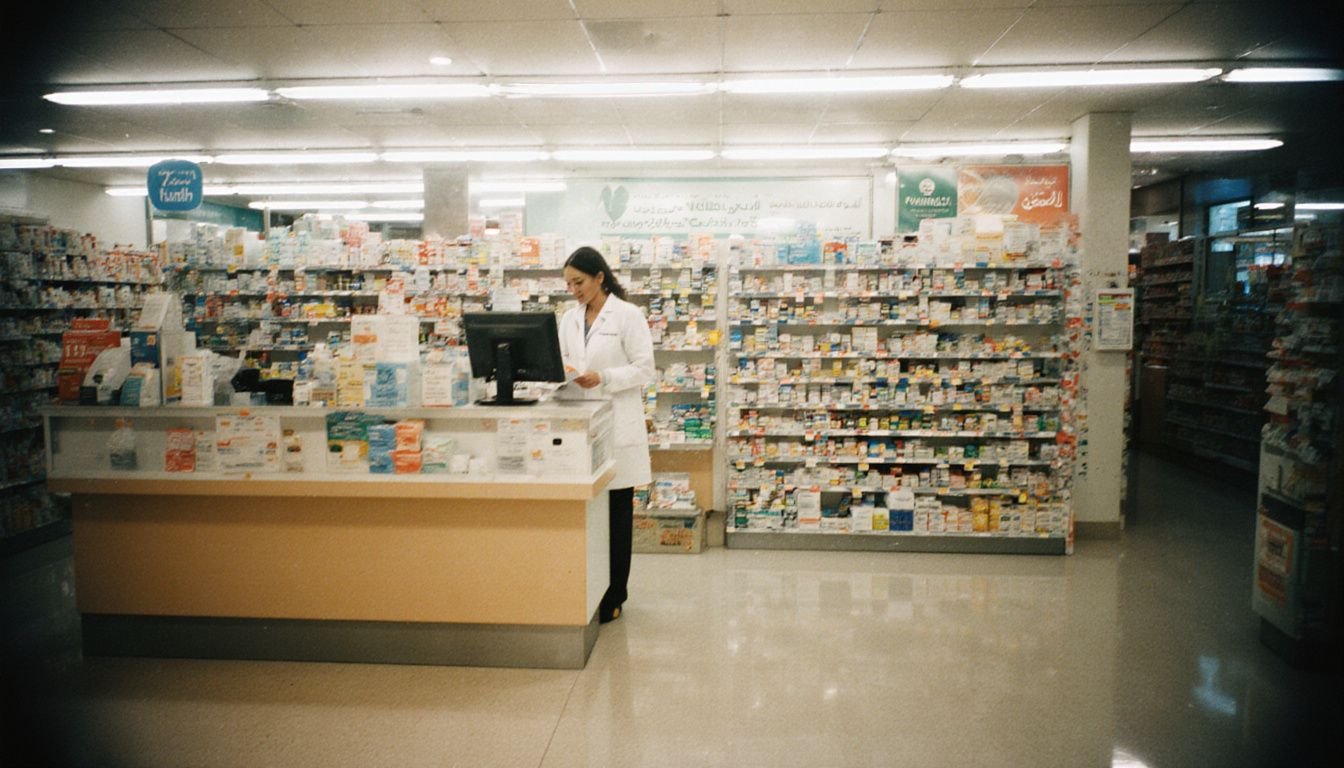 A busy pharmacy with a pharmacist attending to paperwork. A busy pharmacy with a pharmacist attending to paperwork.