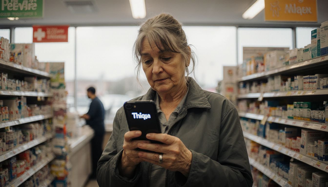 A woman checks her phone in a pharmacy aisle. A woman checks her phone in a pharmacy aisle.