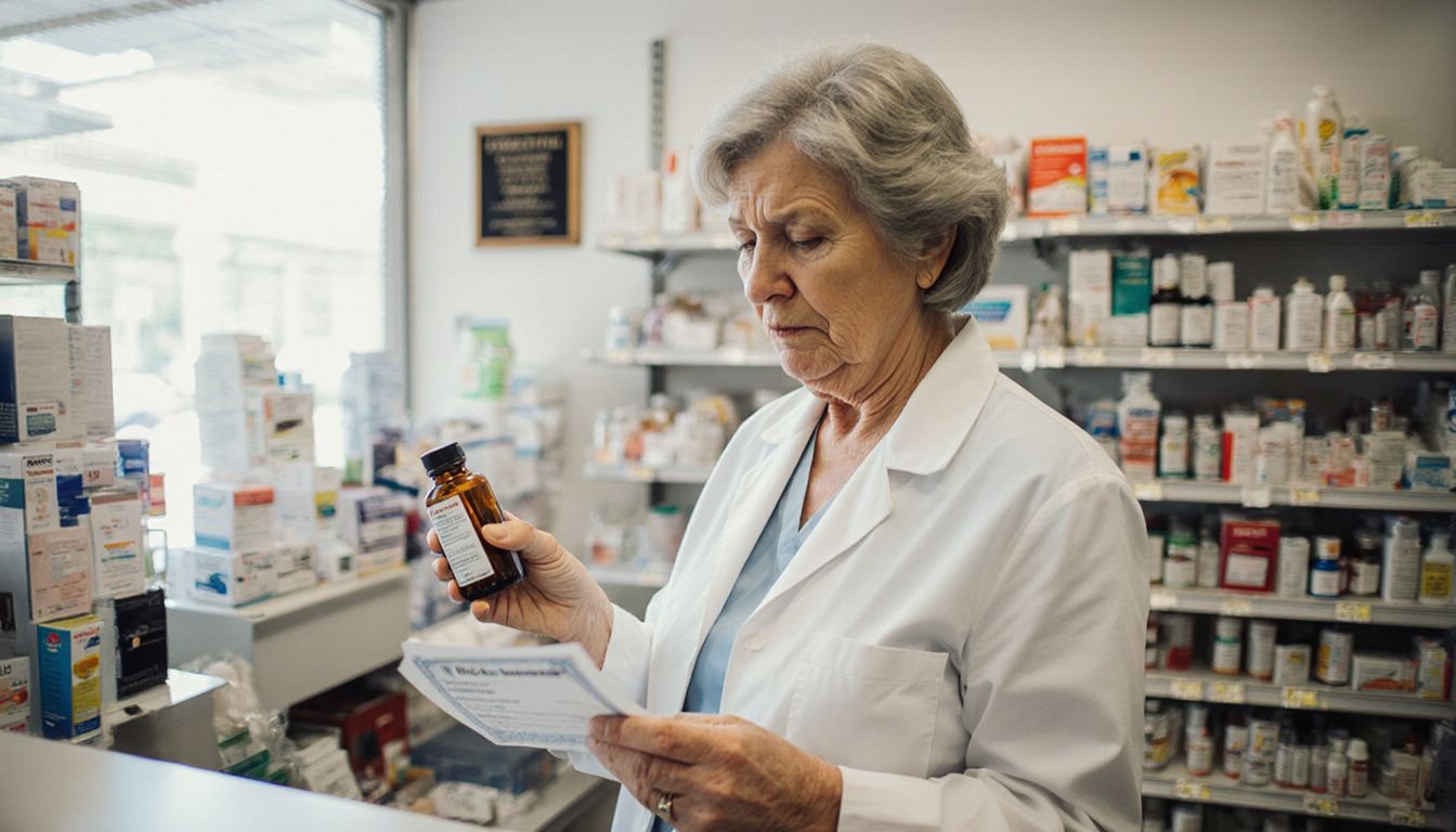 A distracted middle-aged woman checks her credentials in a pharmacy.