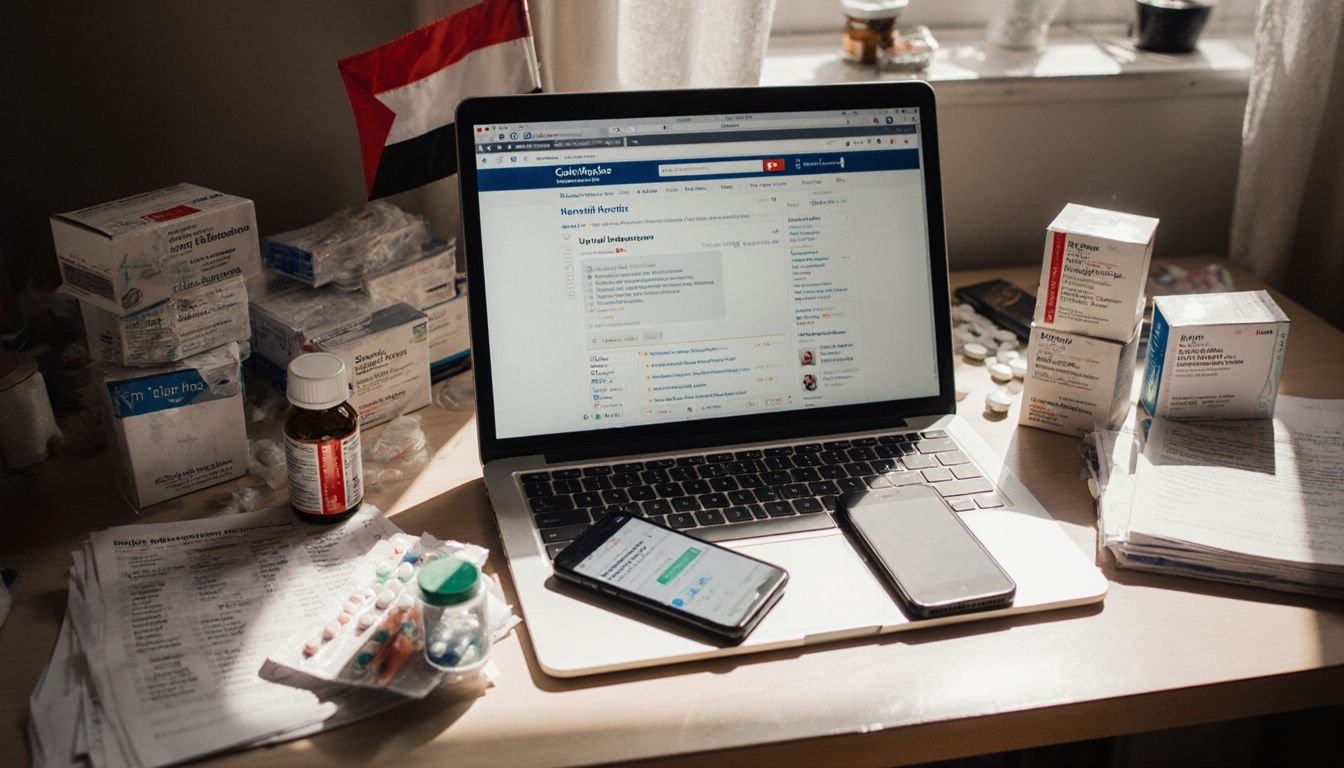 A cluttered desk displays online medication shopping and customer service chat.