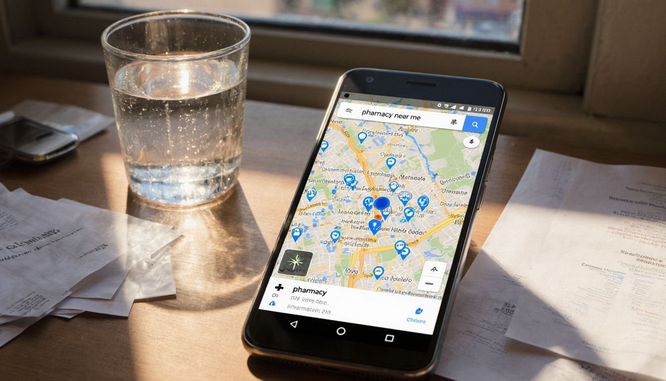 A phone displays Google Maps showing nearby pharmacies.