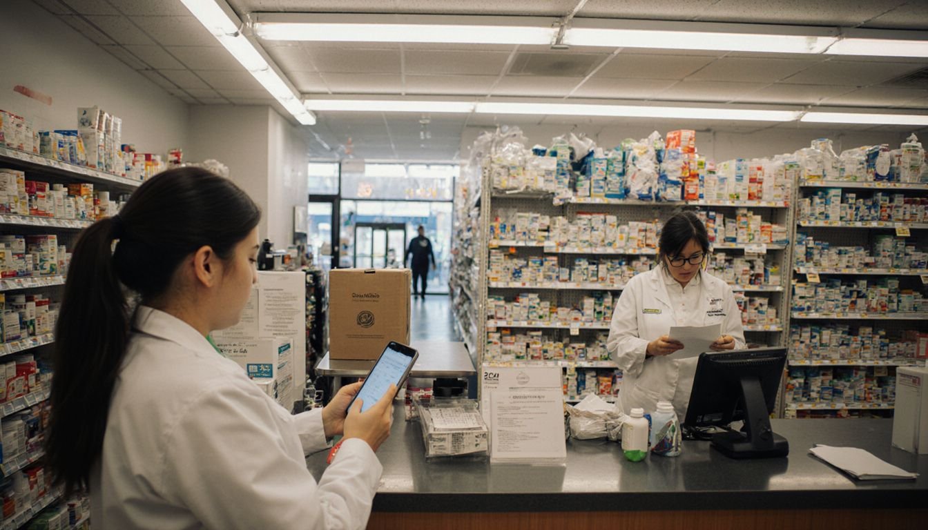 A customer waits at a busy pharmacy counter while scrolling their phone. A customer waits at a busy pharmacy counter while scrolling their phone.