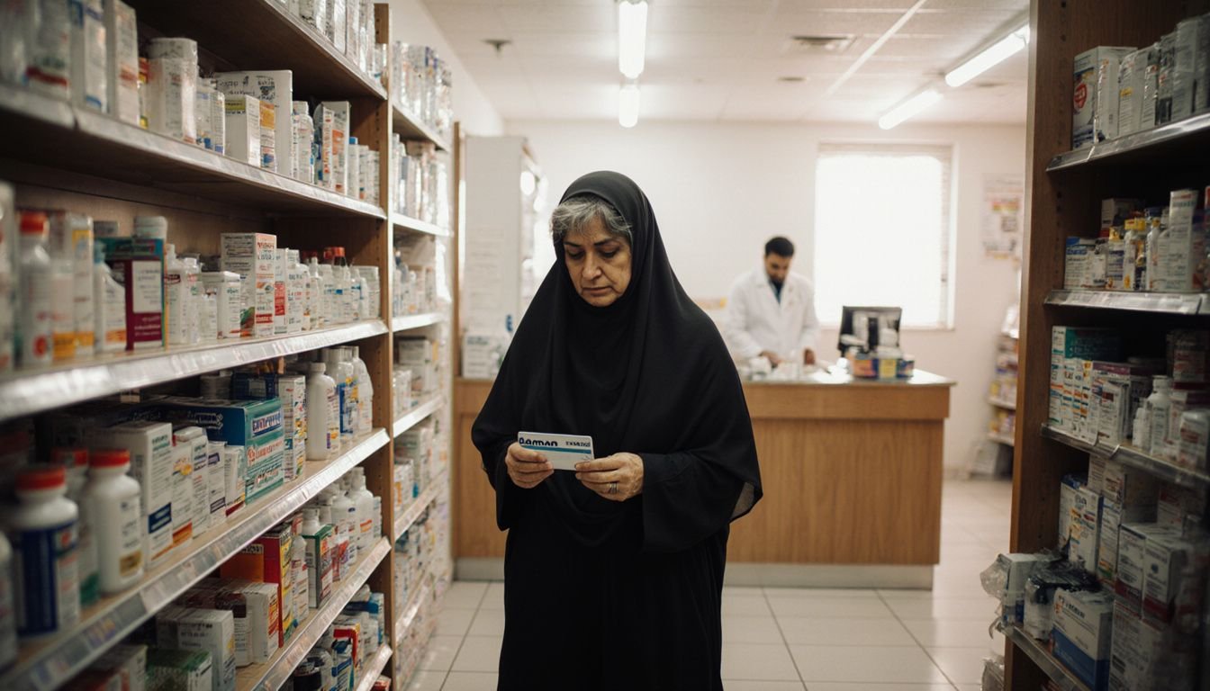 A woman examines medicine while holding her insurance card in a pharmacy. A woman examines medicine while holding her insurance card in a pharmacy.