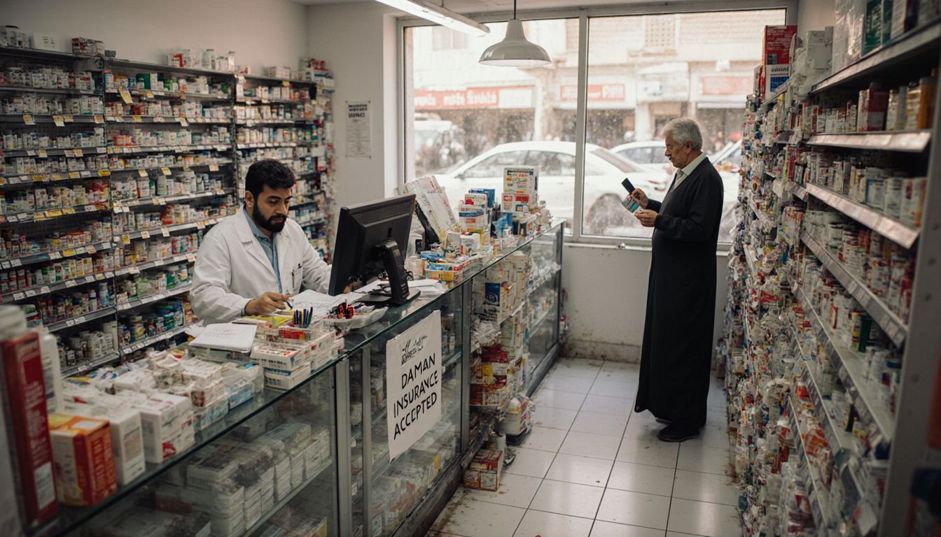 A busy Dubai pharmacy with cluttered shelves and a tired pharmacist. A busy Dubai pharmacy with cluttered shelves and a tired pharmacist.