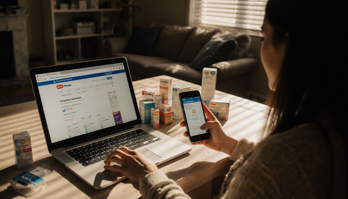 A woman orders medication online at her dining table.