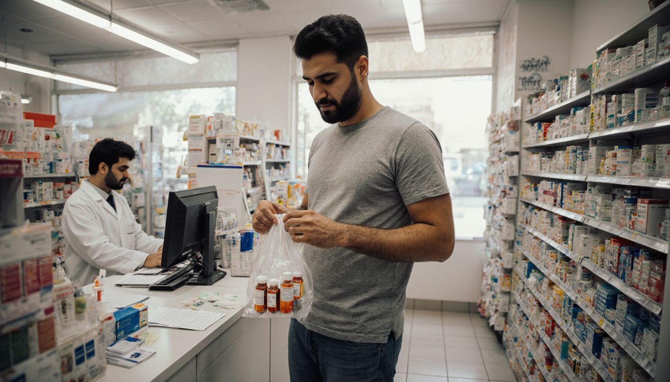 A man collects his medication at a Dubai pharmacy.