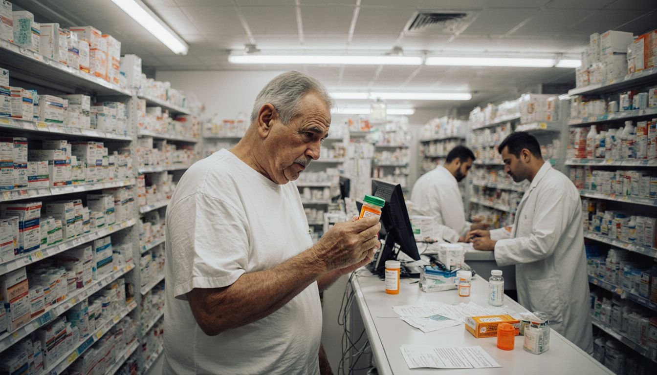 A confused man examines a prescription bottle in a busy pharmacy.