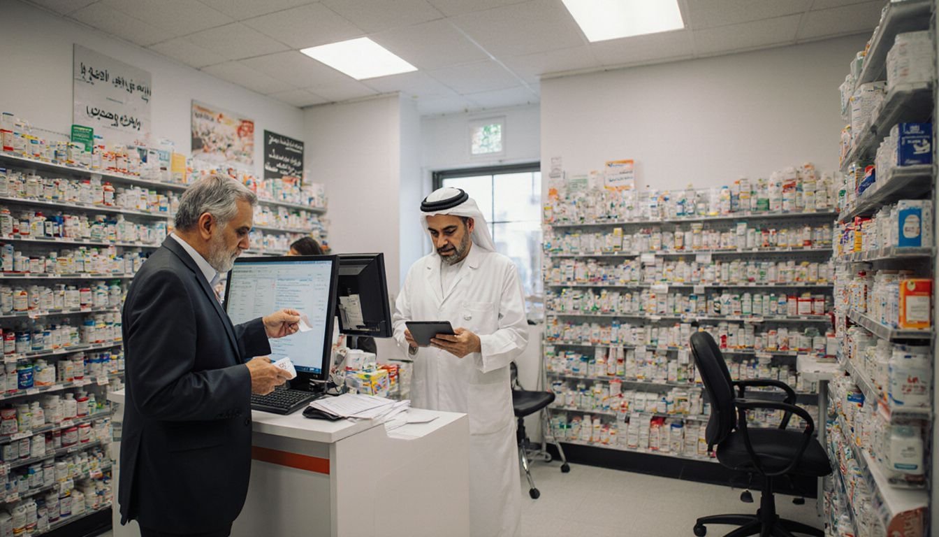 A tired customer waits at a busy pharmacy while the pharmacist assists. A tired customer waits at a busy pharmacy while the pharmacist assists.
