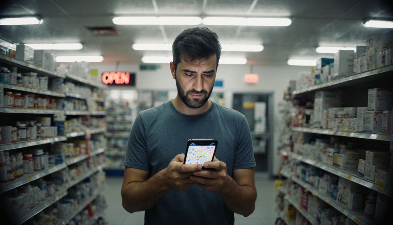 A stressed man searches for pharmacies late at night in Dubai. A stressed man searches for pharmacies late at night in Dubai.