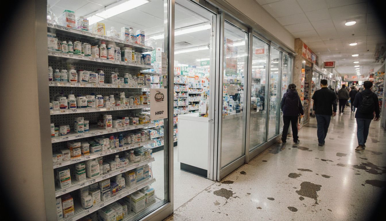 Pharmacy in mall with disorganized shelves and cluttered counter.