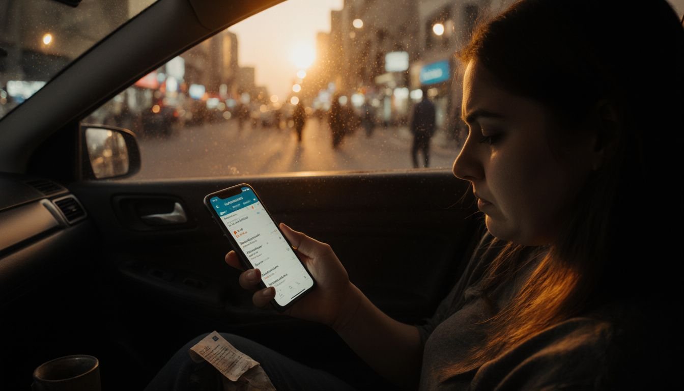 Woman in car checking pharmacy app during dusk in Abu Dhabi. Woman in car checking pharmacy app during dusk in Abu Dhabi.