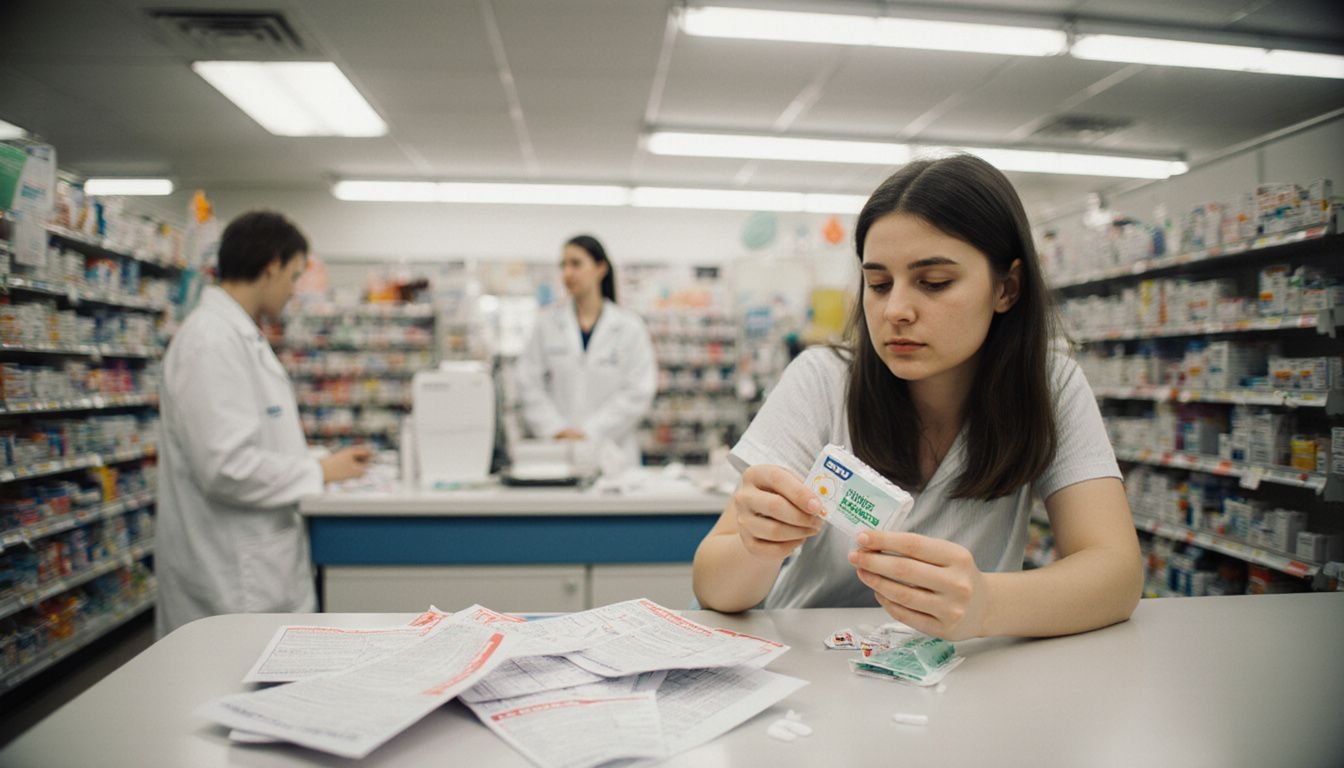 A woman holds emergency contraceptive pills at a pharmacy counter.